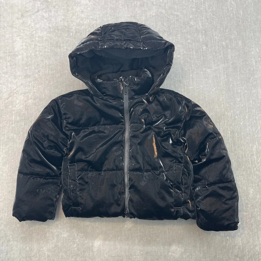 Gap Kids XS Black Fair Shiny Glossy Hooded Fleece Lined Puffer Jacket 3046‎